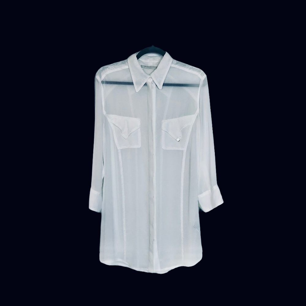 Beate Heymann Street Couture European Gently Sheer White L/S Blouse, Size 14